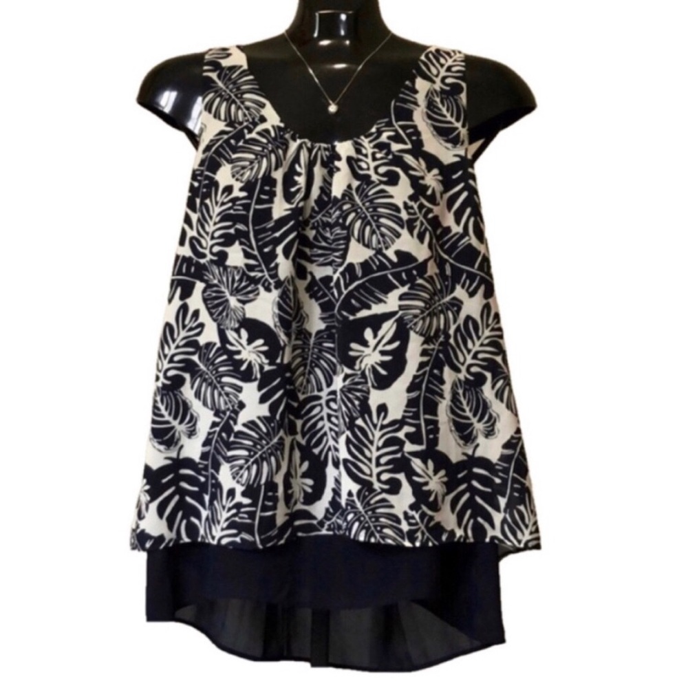 ALFRED SUNG Navy and White Tropical Print Tank Top/Blouse, Size M